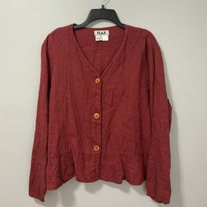FLAX Linen Brick Red Button Down Peplum Top L